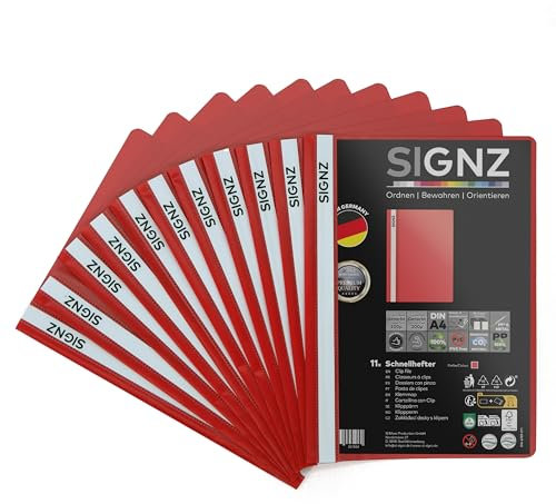 SIGNZ Schnellhefter DIN A4, stabil, 11 Stück, rot, transparenter Deckel, CO2-neutral hergestellt, aus recycelbarem Kunststoff (PP), FSC Mix 70%, made in Germany