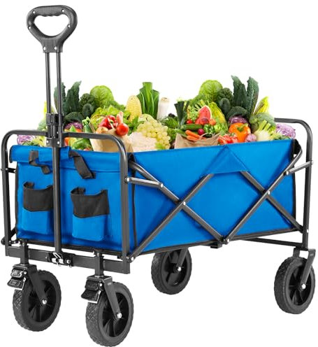 DUMOS Bollerwagen Faltbar Strand Handwagen mit Getränkehalter verstellbarem Griff Klappbarer Gartenwagen Strandwagen für Alle Gelände, Draussen Camping Einkaufen, 110kg Belastbarkeit (Blau)