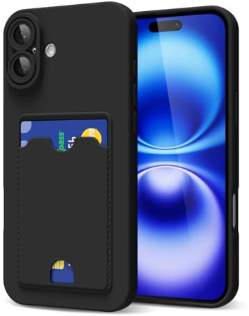 oakxco for iPhone 16 Case with Card Holder, Cute Silicone Wallet Phone Case with Credit Card Slot, Soft Rubber Thin Slim Purse for Women Men with Shockproof Camera Cover Protection, Black