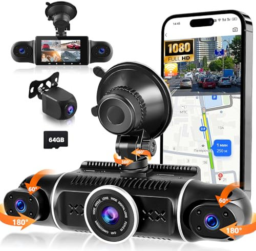 WiFi 360° Dash Cam Front and Rear Inside,4 Channel 3 IPS Touchscreen Dash Cam Front and Rear Inside Left Right,4 * 1080P Dash Camera with 8 IR Night Vision,Loop Recording,G-Sensor,APP Control+64G TF