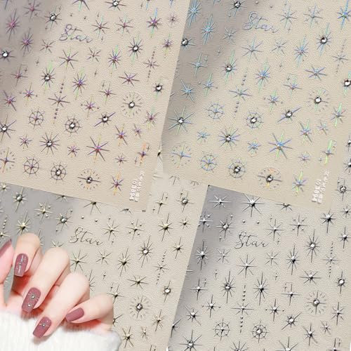Star Nail Stickers,4 Sheets Rhinestone Star Nail Art Stickers Self-Adhesive,Nail Supplies Decorations Gold Silver Nail Stickers & Decals for Nail Art Design Accessories