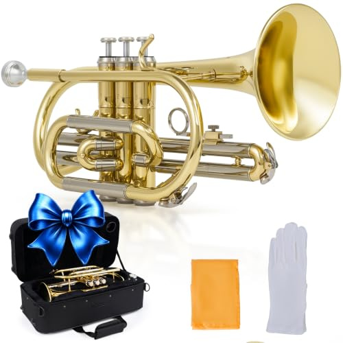 AKLOT Player-Friendly Bb Cornet Kit: Warm Tone with Gold Brass Leadpipe, Hand-Hammered Bell, Smooth Valve Action, Includes Hard Case, Mouthpiece, Gloves, Cloth – Great for Jazz, Marching & Students