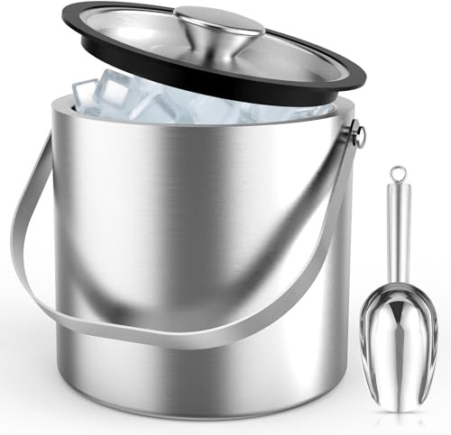 3L Stainless Steel Ice Bucket, Double Wall Insulated Ice Bucket with Lid, Scoop, Strainer, Tong for Parties Cocktail Bar