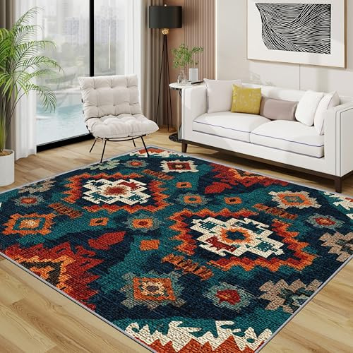 TerroVee Azteken Teppich Wohnzimmer 160x230 cm, Südwestlich Geometrisch Ethnisch Teppiche, Vintage Navajo Tribal Waschbar Kurzflor Groß Teppiche Für Schlafzimmer Kinderzimmer, Orange Rot Beige