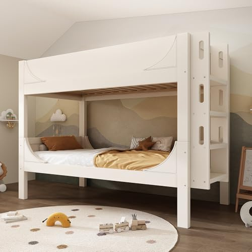 Arhatreya Etagenbett 90x200 cm, Kinderbett mit Leiter, Stockbett mit Gitter, 2 Einzelbetten, Holzbett mit Rausfallschutz, Bett für Kinder Wohnung (Ohne Matratze) Weiß