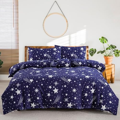 LYJKLST Bettwäsche 160x200 3teilig Bettbezug Sternenhimmel blau - Bettwäsche-Sets 160 x 200 cm mit 2 Kissenbezüge 80x80cm, ÖKO-TEX Bettwäsche Bedding Sternschnuppe mit Reißverschluss Blau