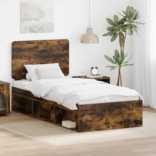 Bucmath Bettrahmen Geräucherte Eiche 100x200 cm, Massives Kiefernholz Bett, Modernes Plattformbett für Schlafzimmer Möbel