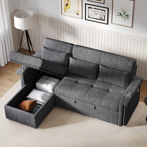 A ALFRESCOOL L-förmiges Ecksofa mit Schlaffunktion, Umwandelbar in EIN Schlafcouch mit Stauraum, LED-Beleuchtung und USB-Anschlüssen, Verstellbare Rückenlehne mit Kissen und Getränkeablage(Grau)