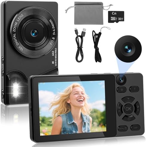 Fotocamera Digitale 4K 64MP con Doppia Fotocamera Frontale e Posteriore, Fotocamera Compatta per Vlogging, Schermo LCD 2,8 Pollici, Zoom Digitale 18X, 32GB SD Card per Bambini, Adolescenti