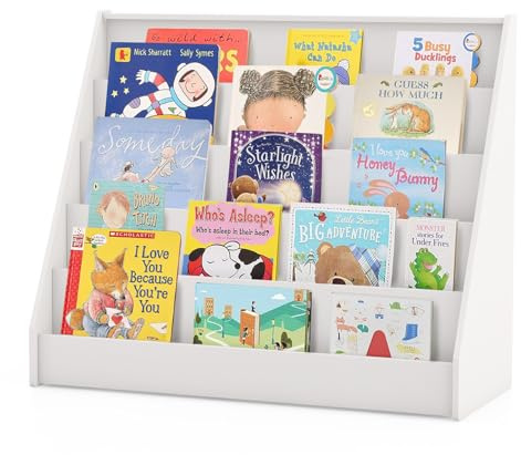 GOPLUS Kinder Bücherregal, 5-stufiges Kinderregal mit tiefen Fächern, Montessori Kinderbücherregal, Zeitungsständer, Aufbewahrungsregal, Kinder Regal für Wohnzimmer, Kinderzimmer, Kindergarten (Weiß)