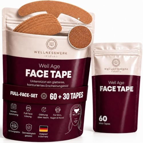 WELLNESSWERK® Face Tape Anti Falten Full-Face-Monatspack | Zornesfalte Glätten über Nacht, Sanftes Zornesfalte Pflaster, Für die Abendroutine, Dermatologisch getestet