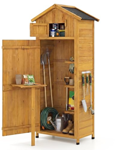 COSTWAY Armoire de Jardin Bois, Abri de Jardin Bois, 3 Étagères Amovibles, Porte avec Loquet, Tablette Pliable, Toit Asphalte, 3 Crochets, Compartiment, Cabanon Exterieur Bois