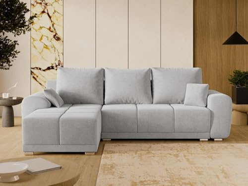 GRAINGOLD Monti Ecksofa mit Schlaffunktion und Bettfunktion, 290x188 cm, L-Form Sofa, Schlafcouch für Wohnzimmer, Veloursstoff, 3-Sitzer Eckcouch, Ecksofa mit Stauraum (Grau, Links)