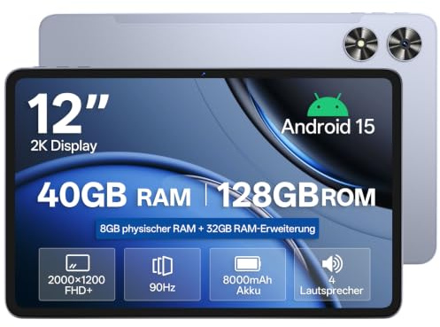 Tablet 12 Zoll, 40GB RAM, 128GB ROM, Unisoc T7280 Octa-Core 2,2GHz, 20W PD | Android Tablet, 8 GB Physischer RAM – Flüssige Performance, Gemini App kompatibel, 2K IPS 90Hz, GPS, 8000mAh, 1 Jahr Garantie