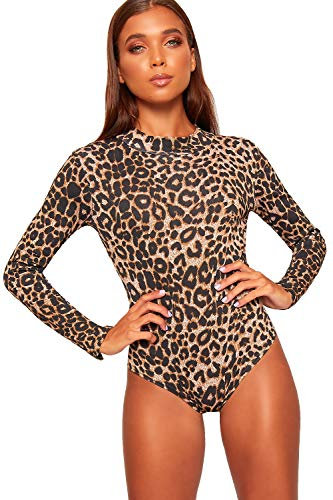 WearAll - Damen Rollkragen Lang Hülle Tier Camo Schottenkaro Druck Bodysuit Damen Trikot - Braun Leopard - 36-38