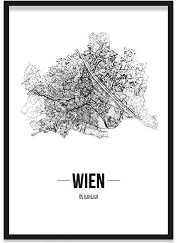 JUNIWORDS Stadtposter, Wien, Wähle eine Größe, 21 x 30 cm, Poster mit Rahmen, Schrift B, Weiß