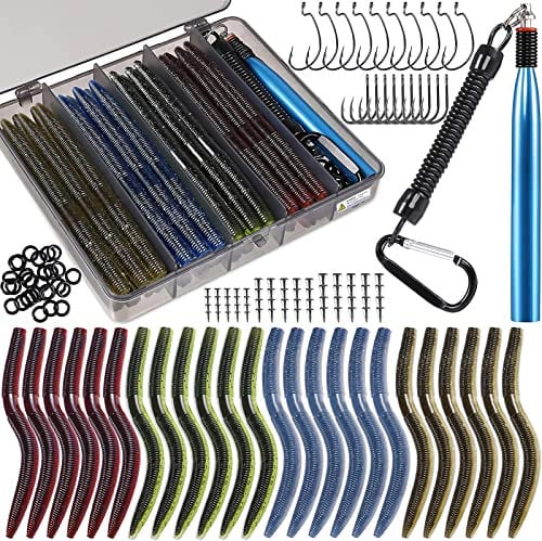 PLUSINNO Angelköder-Set, 14 cm, Wacky Worm, 137 Stück, weiche Kunststoff-Angelköder, Grub-Köder, Haken, Wacky Rig, Barsch, Forelle, Angelwürmer, Köder mit Tackle-Box-A