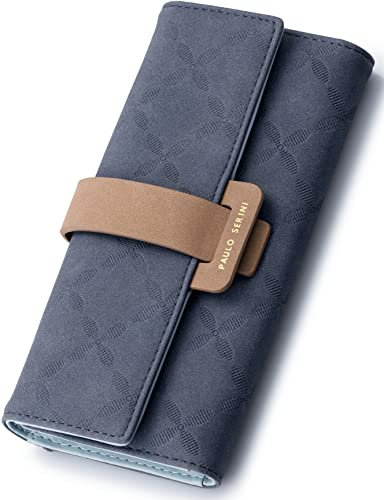 PAULO SERINI® Portefeuille pour Femme Grand | 9 Compartiments pour Cartes et fenêtre pour Carte d'identification | Porte-Monnaie élégant avec Poche zippée | Doux et Cuire 100% Vegan | Bleu foncé