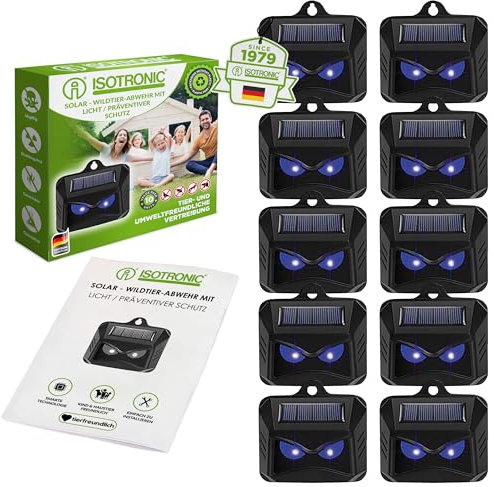 ISOTRONIC Solar Tiervertreiber gegen Wildtiere wie Waschbären, Rehe, Füchse, Wildschweine u.v.m. – 10x effektive Tierabwehr mit blauem LED-Licht
