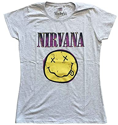 Nirvana T Shirt Smiley Pink Band Logo Official Womens Skinny Fit Heather Grey XXL