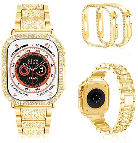 Mosonio Compatible with Apple Watch Band Series 9/8/7 41mm with Case Women, Jewelry Replacement Metal Wristband Strap with 2 Pack Bling PC Protective Cover for iWatch 41mm Series 9/8/7(Gold)