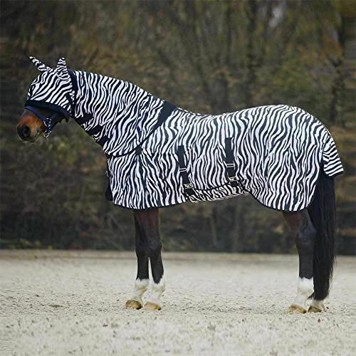 Zebra Printed Horse Fly Rug - Lightweight Bug Protection Full Neck Combo Sheet with Fly Mask - Turnout Rug for Competition Riding Outdoors Yards Fields