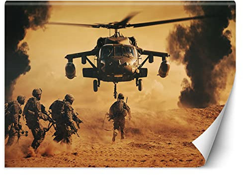 Feeby Fototapete Soldaten Wüste Marinesoldaten 300x210 cm Braun XXL Vlies Wandtapete Tapeten Wohnzimmer Schlafzimmer Jugendzimmer Moderne Design Wandbild Wand Dekoration Hubschrauber Rauchen