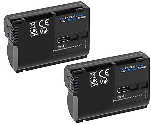 Lot de 2 batteries avec entrée USB-C pour Nikon Z5 Z6 II Z7 II D800 entre autres | Compatible EN-EL15 / EN-EL15c (2250 mAh)