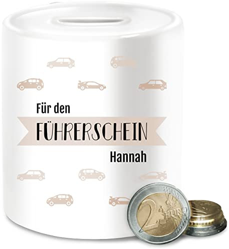 Spardose für den Führerschein mit Name personalisiert I Fahrerlaubnis Sparbüchse Lappen - Unisize - Weiß - geldgeschenk fahrschule Auto Kasse personalisierte Roller spardosen zur zum Keramik