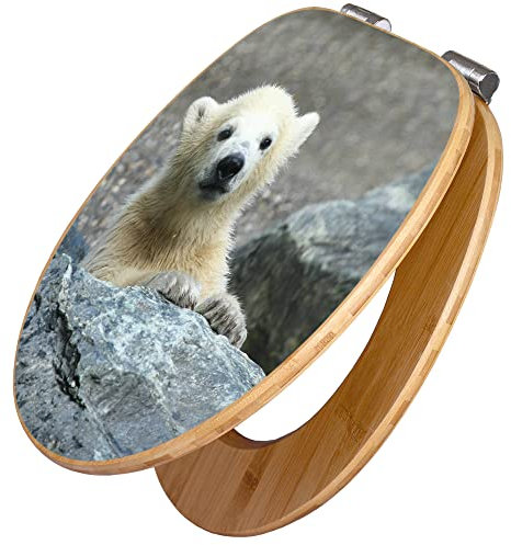 banjado Design WC Sitz Bambus Absenkautomatik 45,8x37,5cm / Toilettendeckel mit Absenkautomatik Holz/hochwertiger Bambus Klodeckel/WC-Sitz für gängigen Toiletten/Motiv Eisbär Baby