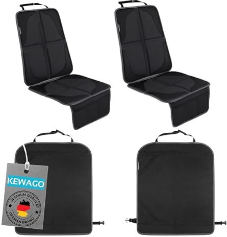 Kewago Sitzschoner Auto Kindersitz - 2X Kindersitzunterlage & 2X Rückenlehnenschutz im Set- ISOFIX geeignet - Schwarz Grau Design