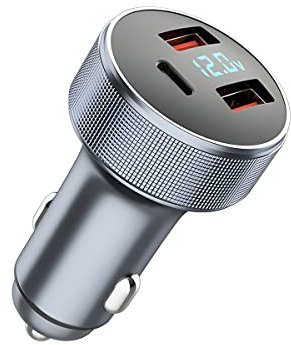 72W Fast Car Charger Adapter, Dual USB Fast Charging Type C Car Charger with LED Display Adapter, QC 3.0 PD Cigarette Lighter Adapter for Laptop Smartphone, 3 in 1 Power Delivery for All Car