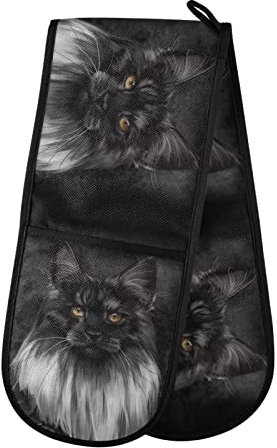 Double Oven Glove Black Maine Coon Cat Heat Resistant Double Ovens Mitt Modern Cooking Gloves Potholders