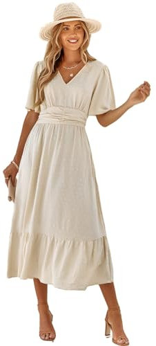 HEYPORK Damen Frühling Sommer Rock Bequem Lässig Kleider Mode Elegant Röcke Frauen V-Ausschnitt Solide Farbe Lotus Blatt Ärmel Lässig Langes Kleid(Aprikose, L)