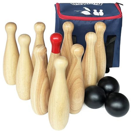 Wooden Game Set-Lawn Bowling -Hardwood10 Pins Age 3+ & 3 Balls in a Carry Bag (23cm-High, natural)
