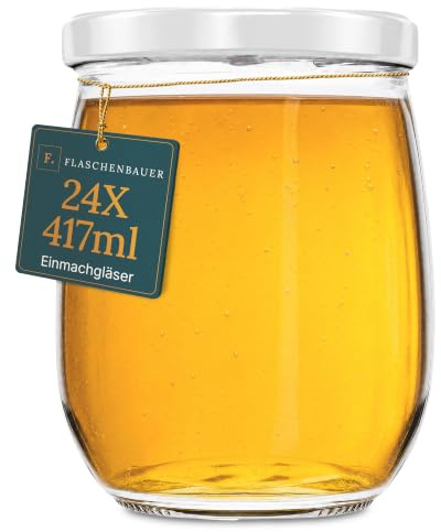 Flaschenbauer - 24x Einmachgläser 417ml - Konservengläser mit TO82 Twist-Off Deckel, inkl. Etiketten - Marmeladengläser, mit Schraubdeckel, Schraubgläser, Joghurtgläser (Weiß) - Made in Germany