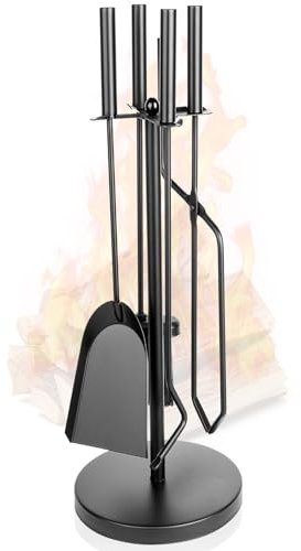 Vnierxful Ensemble de 5 ustensiles de cheminée avec pelle à cendres, balai, tisonnier, kit de cheminée et support, accessoires de cheminée avec poignée en bois, support de cheminée, pince à feu,