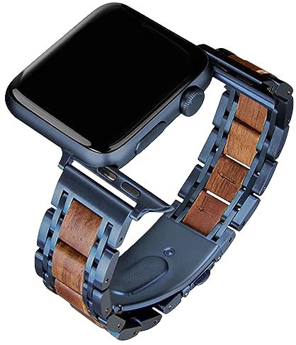Cinturino in metallo in acciaio inossidabile in legno naturale blu noce, cinturino di ricambio per Apple Watch Ultra e SE Serie 8 7 6 Serie 5 4 3 2 1,42mm 44mm 45mm (42/44 mm)