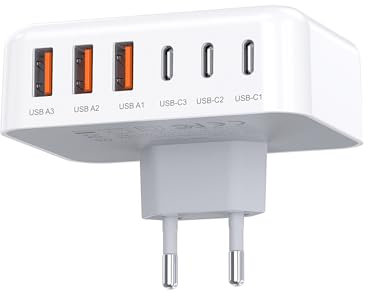 USB C Ladegerät, 6-Port Mehrfach USB Ladestecker mit 3 USB-C und 3 USB-A,Schnellladegerät QC+PD 3.0 USB C stecker Fast Charger für iPhone 16 15 14 13 Pro Max, Samsung S24 /S23 Ladegerät