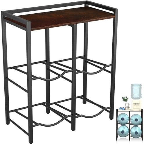 BETSEO 5 Gallon Water Jug Holder with 3 Tier Rustic Brown Wood & Black Metal Rack, 25L x 13W x 30H, Modern Design for Kitchen, Office, Living Room