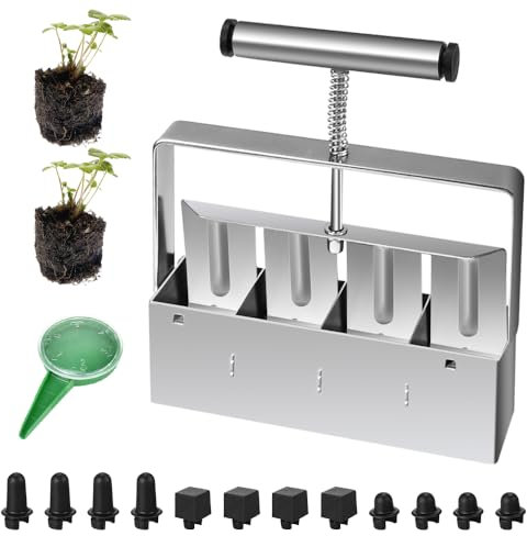NAROSEBE Presse Motte pour Semis 4x5cm, Bloqueur de Sol pour Semis Acier Galvanisé, Presse Motte Jardin Manuel, avec Bouchon de Trou de Semence et Distributeur de Semences, pour Plant Jardin Potager