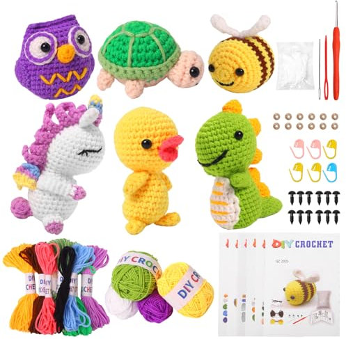 Nenjindz Tier-Häkelset, Häkel-Starter-Set für Anfänger und Erwachsene, komplettes DIY-Häkelset, Tier-Strickset, um 6 Einhorn-Dinosaurier-Bienen-Häkelsets, Geschenke mit Anleitung (evtl. nicht in