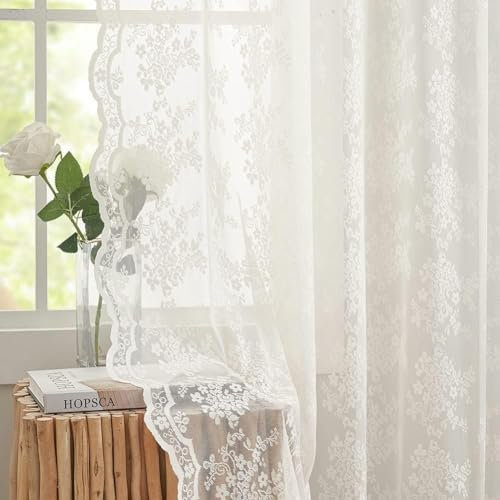 Spitzenvorhänge, 250 cm lang, ausgefallenes Blumenmuster, durchscheinende Vorhänge, Bauernhaus, Elfenbein, Creme, Lichtfiltervorhänge, 102 Länge, 2 Paneele für Terrasse, Schiebetür, Schlafzimmer, 132