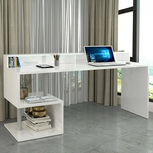 Dmora - Schreibtisch Serafino, linearer Schreibtisch mit Ablagefächern, Mehrzweck-Büroschreibtisch mit Platte, 180x60h93 cm, Weiß