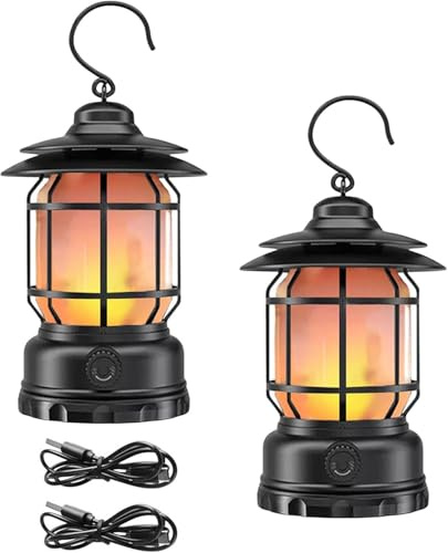 Clearhill Lot de 2 lanternes de camping rechargeables, lampe de table décorative à 2 modes, lumière LED avec crochet, intensité variable, style vintage, lampe de camping portable étanche pour
