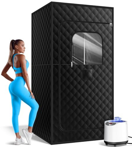 FREEYARE Saunakiste, tragbare Sauna für Zuhause, persönliches Dampfsaunazelt mit 1200 W 3L Dampfgarer, 15 Stufen, Fernbedienung, faltbarer Stuhl, gemütliche Größe 91,4 x 91,4 x 180,3 cm, Dunkelschwarz
