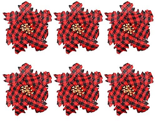 CVZQTE 6 Stück Weihnachtsstern Aus Kariertem Stoff Mit Künstlichen Beeren In Der Mitte Künstliche Blumen Weihnachtsbaum Kranz Dekoration