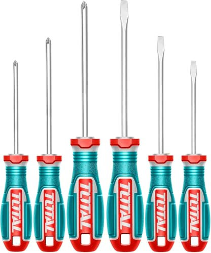 TOTAL - Pack de 6 Destornilladores - Puntas Planas y Phillips Imantadas - Ideal para Reformas y Mantenimientos - Mango Ergonómico Trimaterial - Acero Resistente a la Corrosión - 75, 100 y 150mm