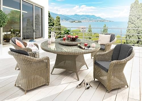 Destiny Sitzgruppe Malaga Luna 4 Sessel + Tisch Ø150x75cm + Drehteller, Natur meliert
