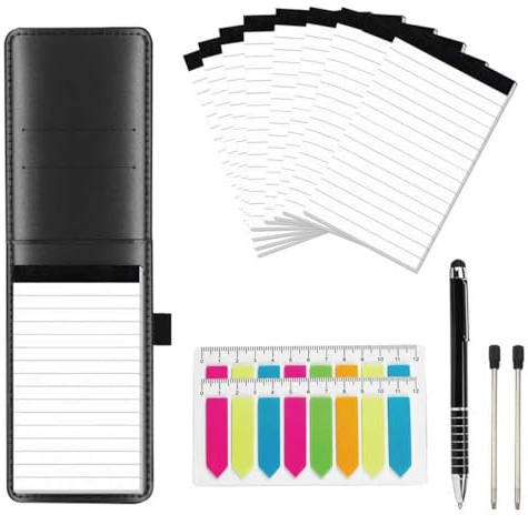 DYUEE 15 Pcs Mini Pocket Notepad A7 Holder Set, A7 Pu Leather Notebook Pen Holder with 9 Pcs 50 Lined Sheets, 1 Pcs Metal Pen, 2 replacement pen refills and 2 colored self-adhesive sticky notes